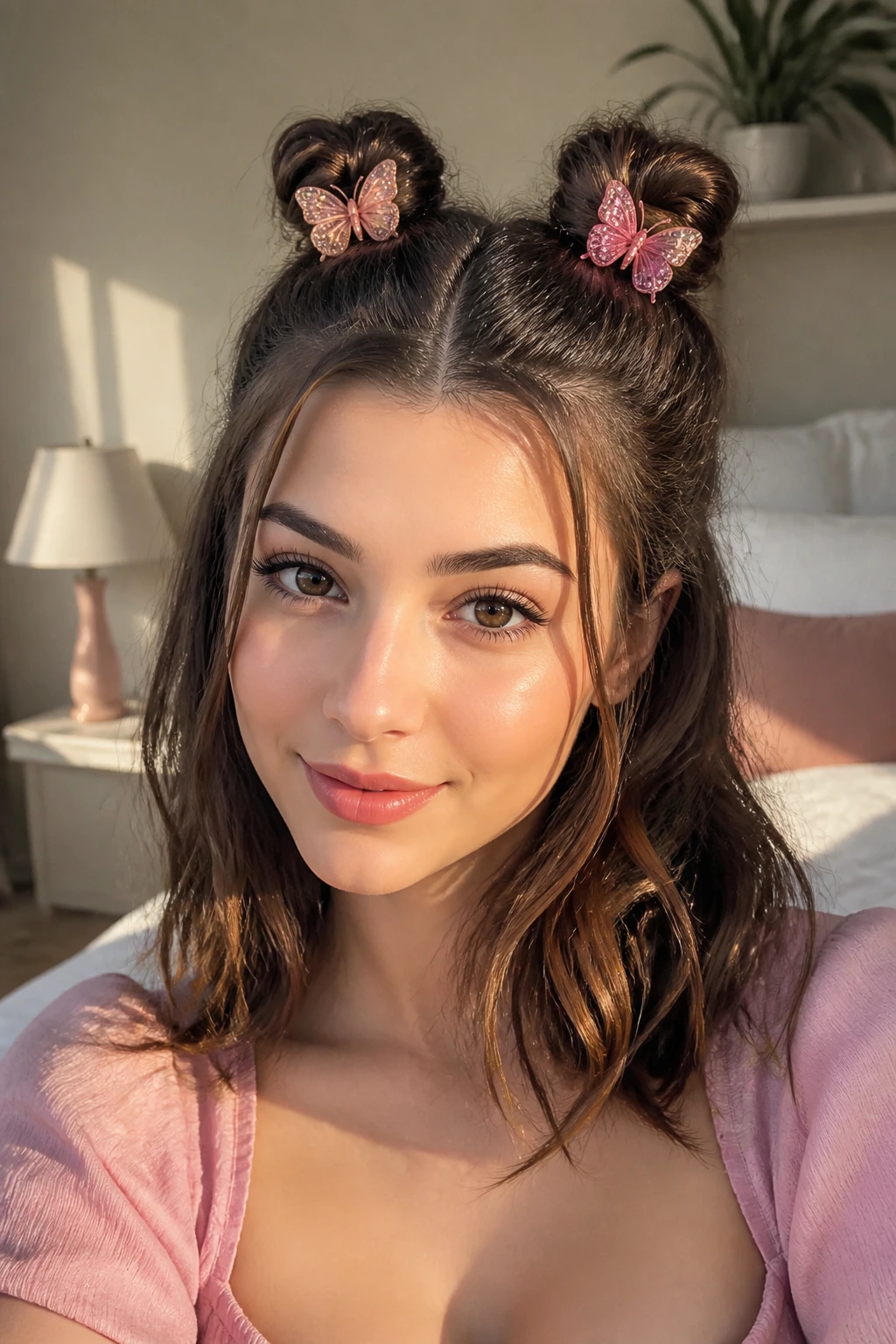 Close-up of a real woman with two small space buns and pink butterfly pins at their bases.