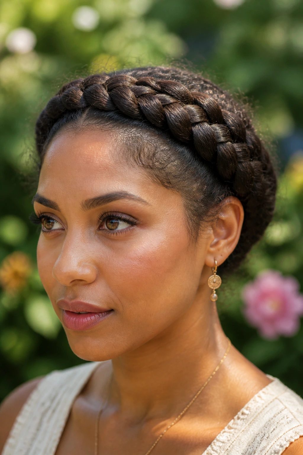 Close-up of a person wearing a halo braid crown in soft daylight
