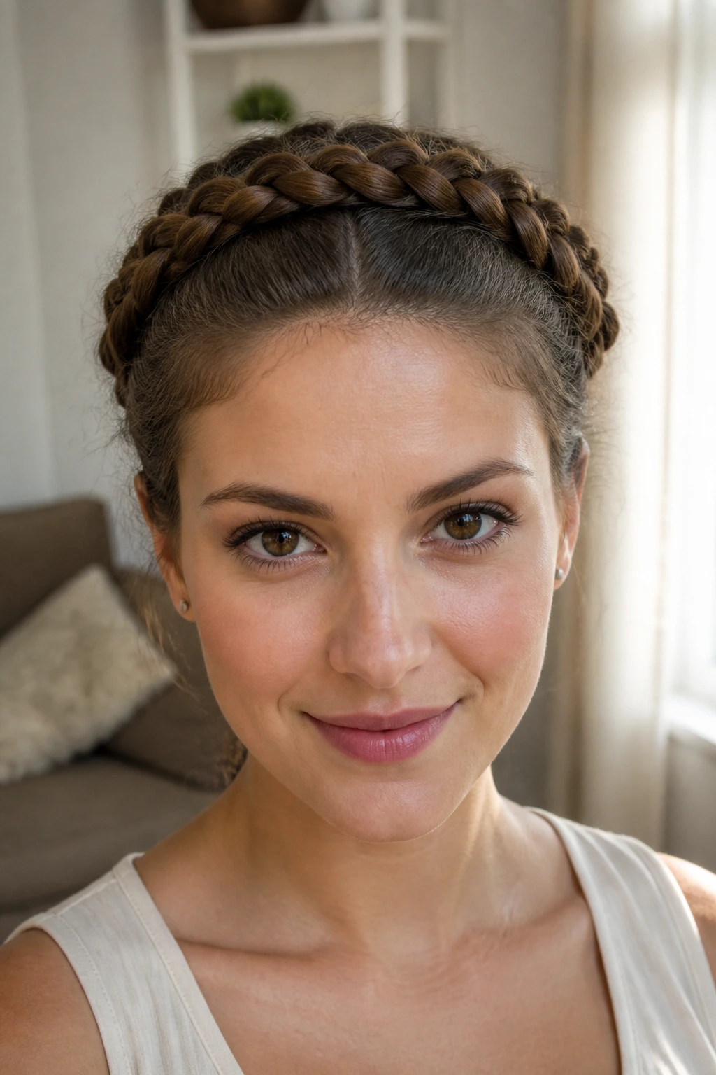 Close-up of a real woman wearing a halo braid crown.
