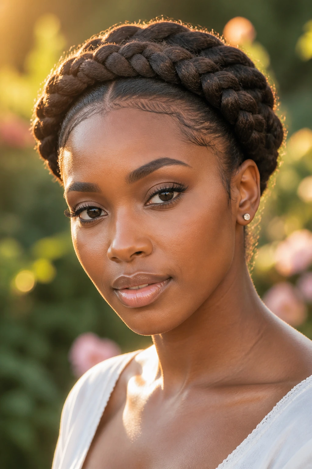 Close-up of a woman wearing halo braids in golden hour garden light