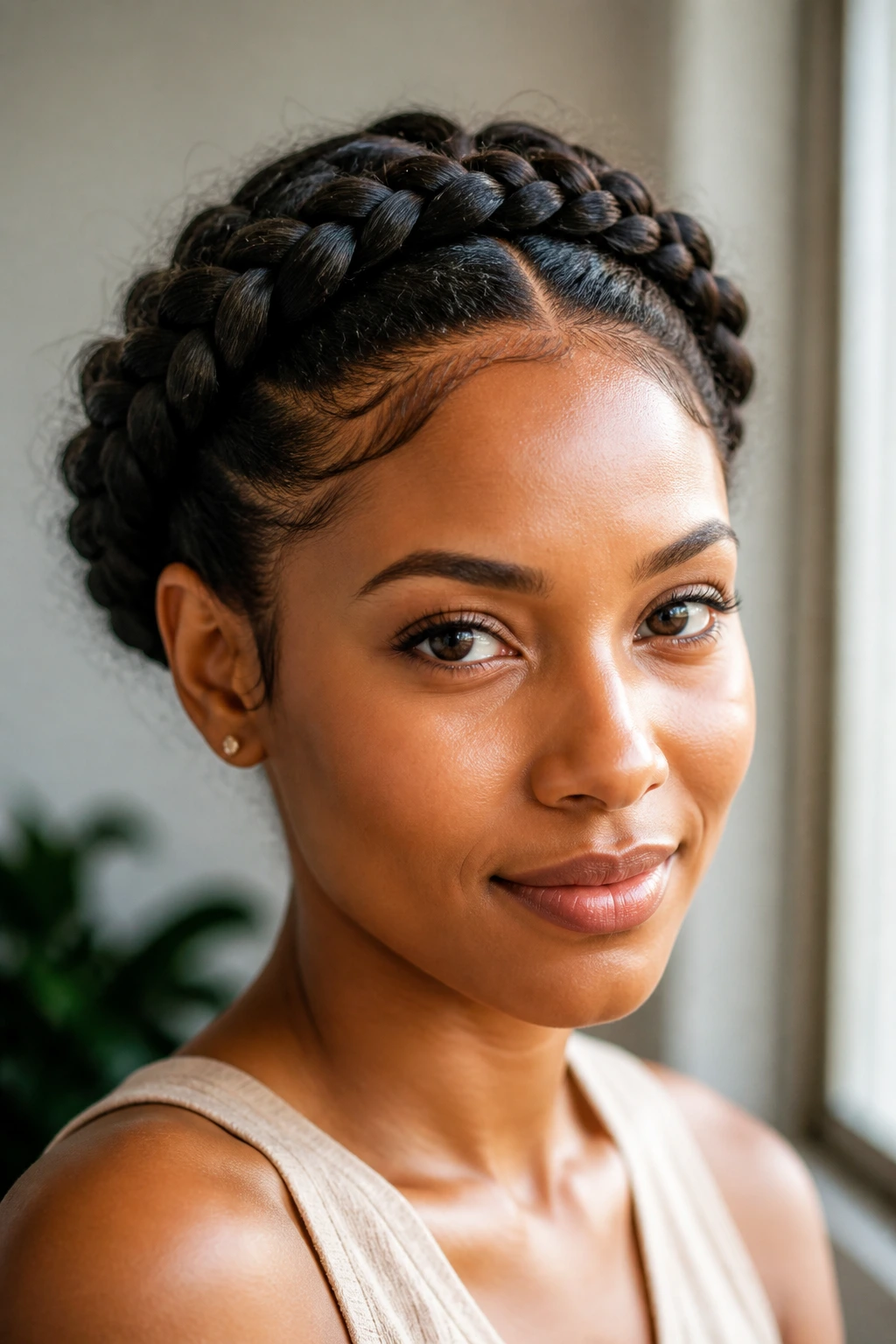 Close-up of a real woman with a halo braid around the head.