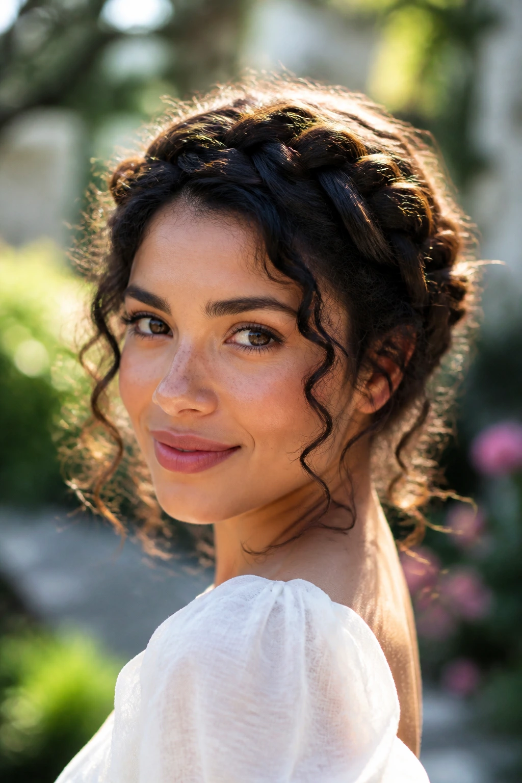 Close-up of a real woman with halo braid crown around her head