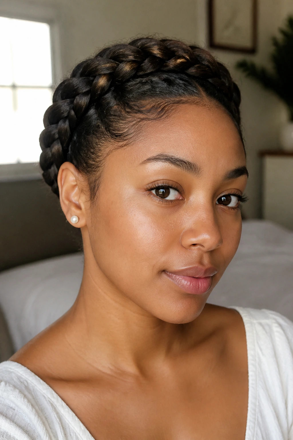 Halo braid around crown on a real woman