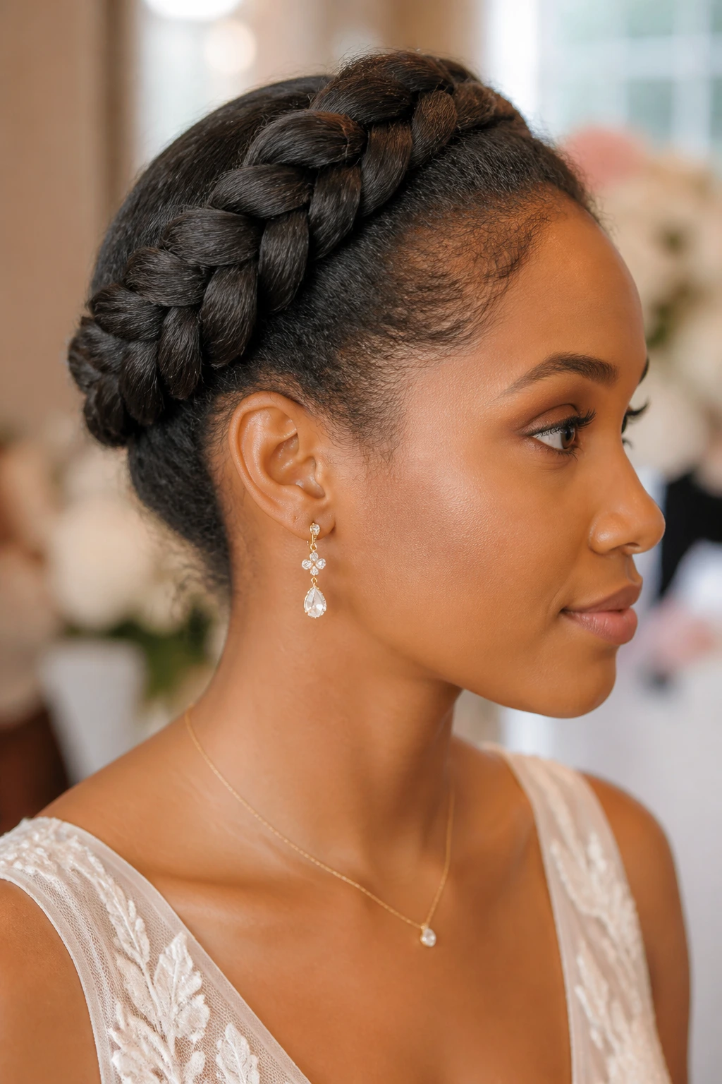 Halo crown braid on real woman, close-up portrait