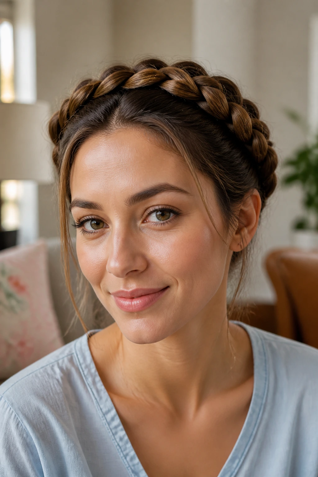 Close-up of a woman wearing a halo braid circling the head
