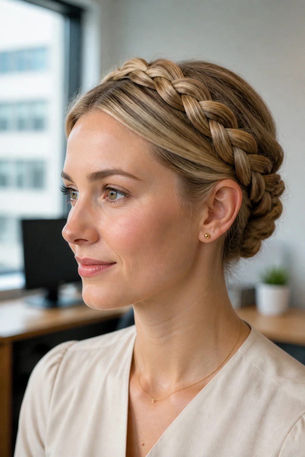 Close-up of a real woman with a halo braid in an office