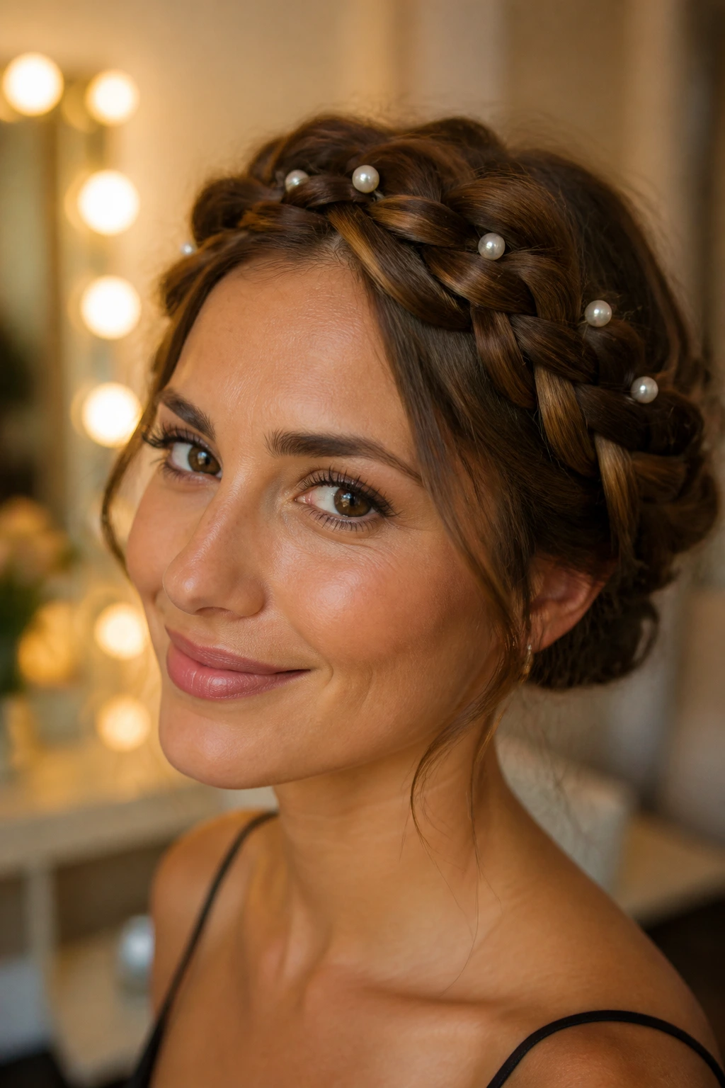 Close-up of a real woman with halo braid adorned with pearls