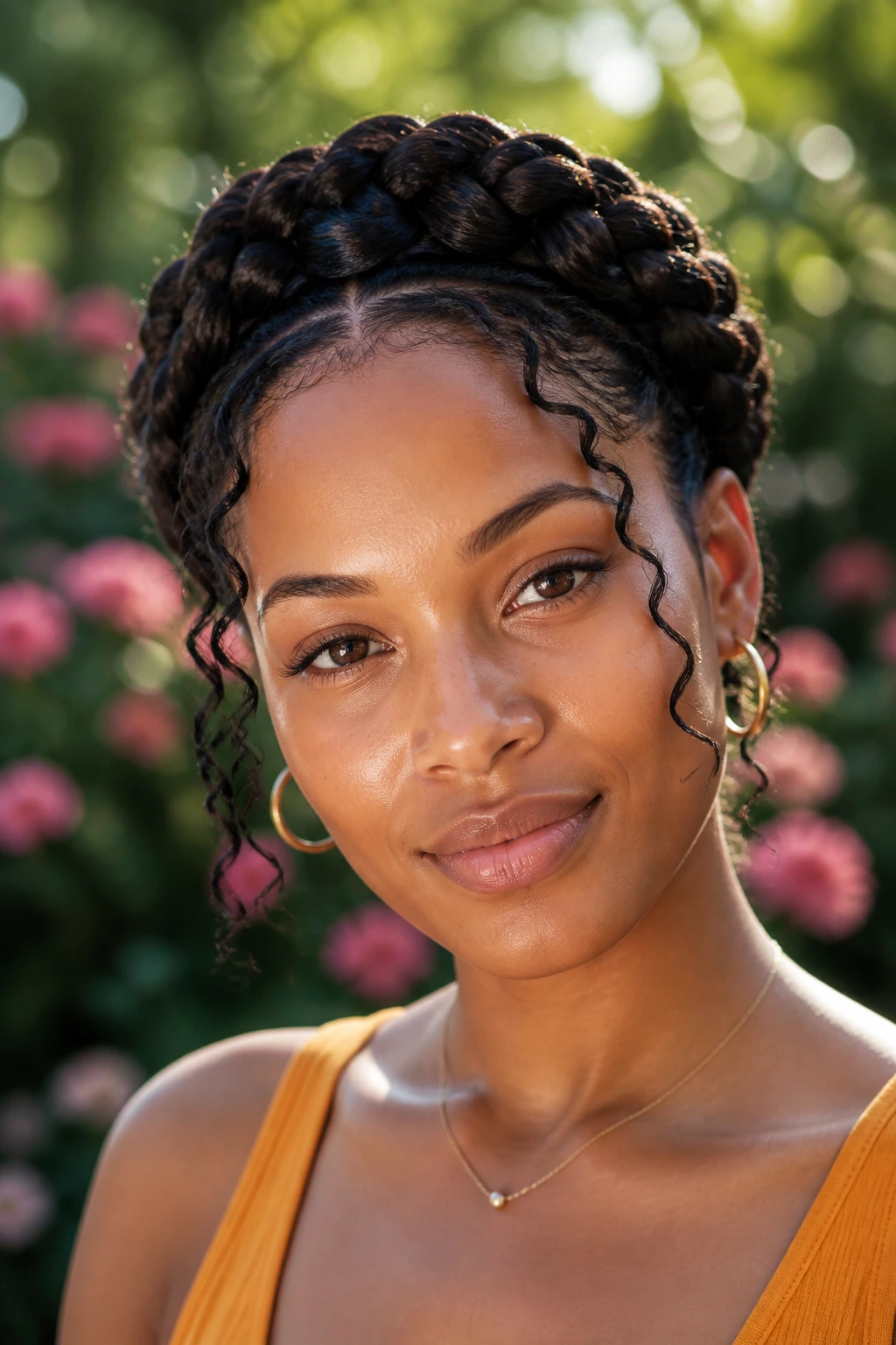 Close-up of a real woman wearing a halo braid with curly tendrils in a sunlit garden