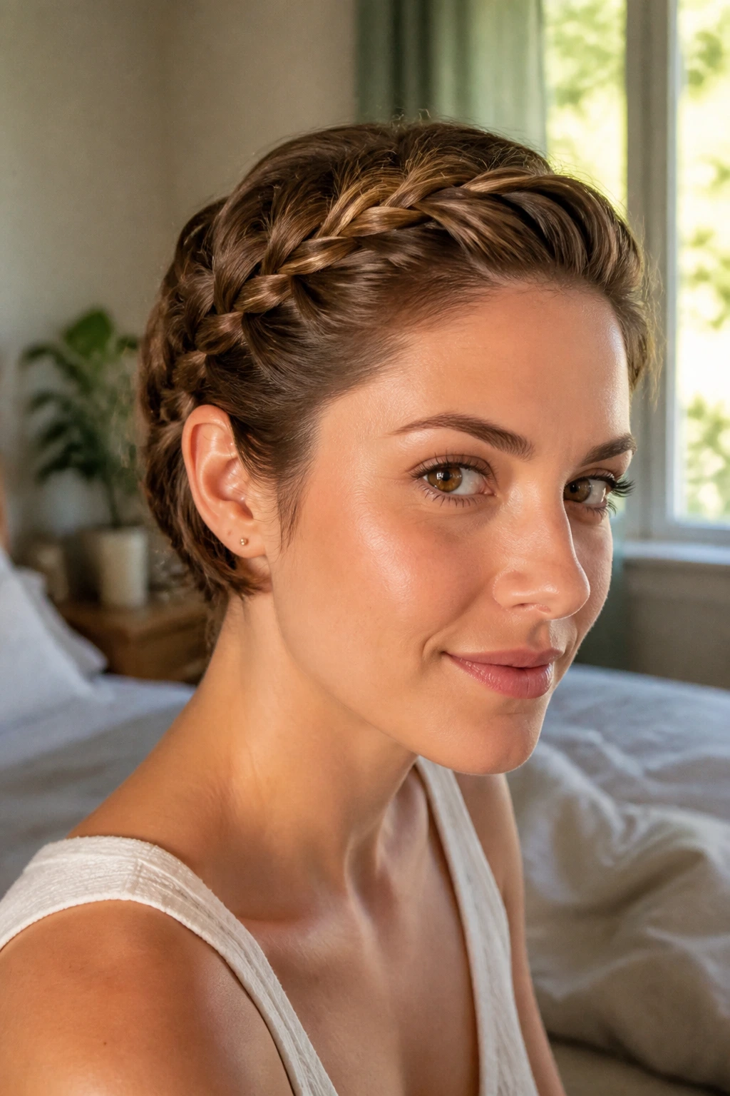 Close-up portrait of a real woman wearing a halo braid with tucked ends behind the ears