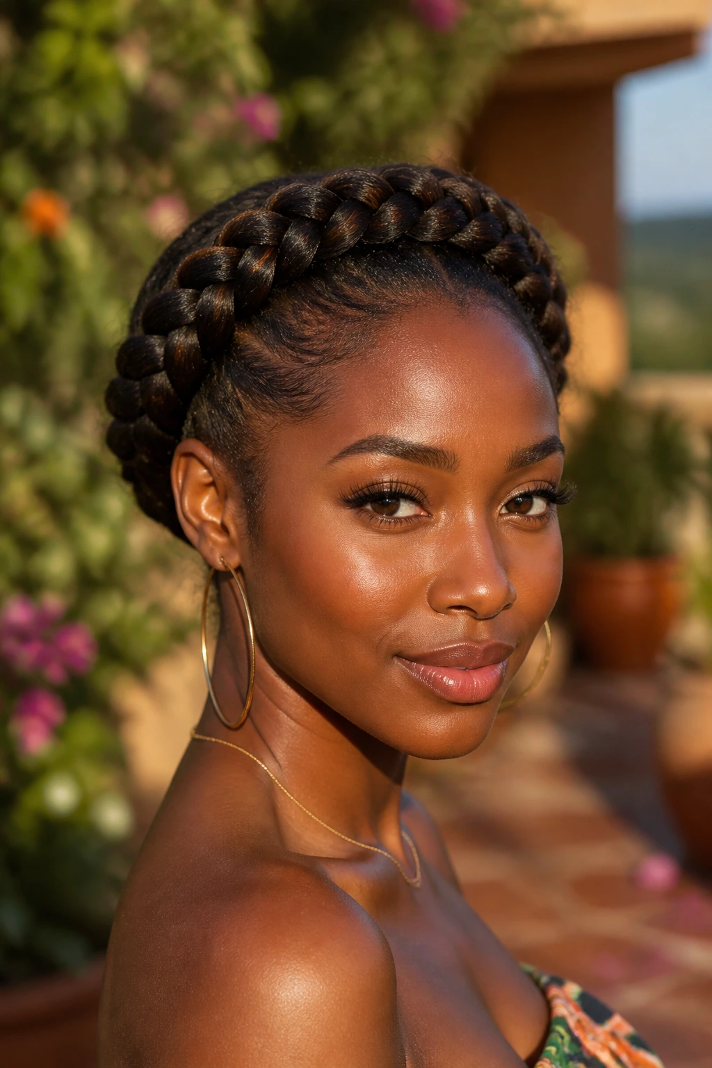Close-up of a real woman wearing a halo braid crown