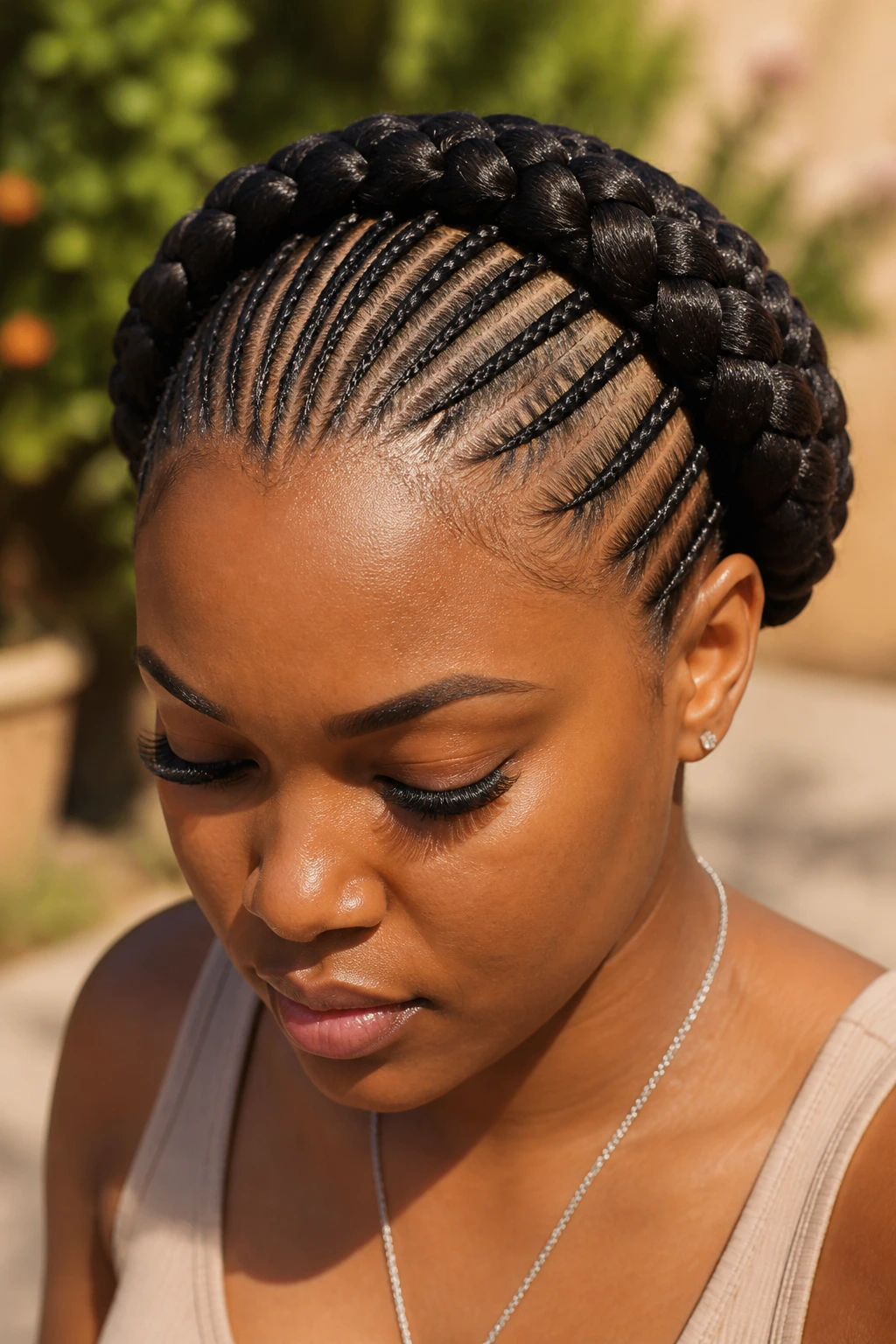 Halo braids with micro-cornrows around crown on real person