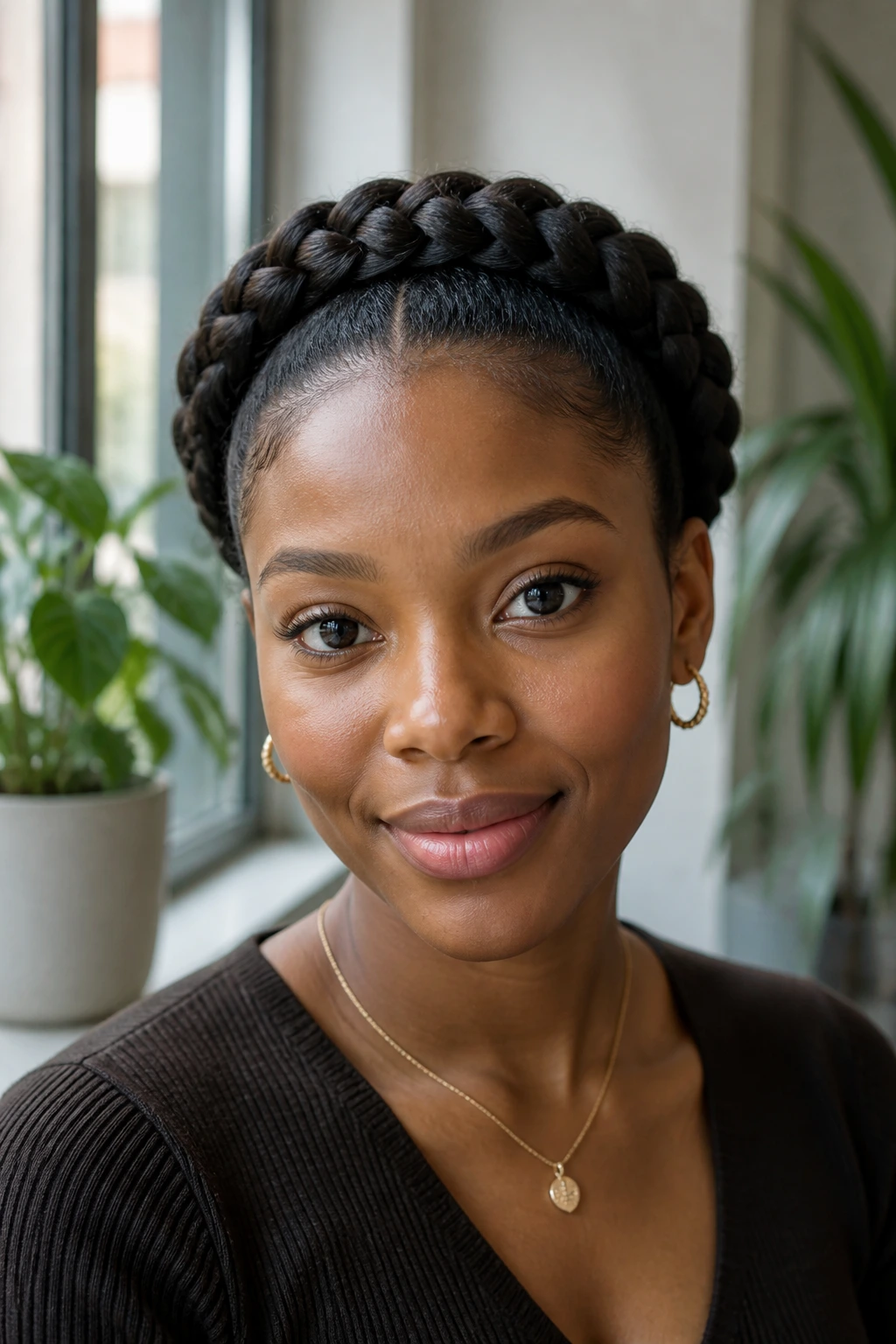 Close-up of a real woman with a halo braid around her head in natural light