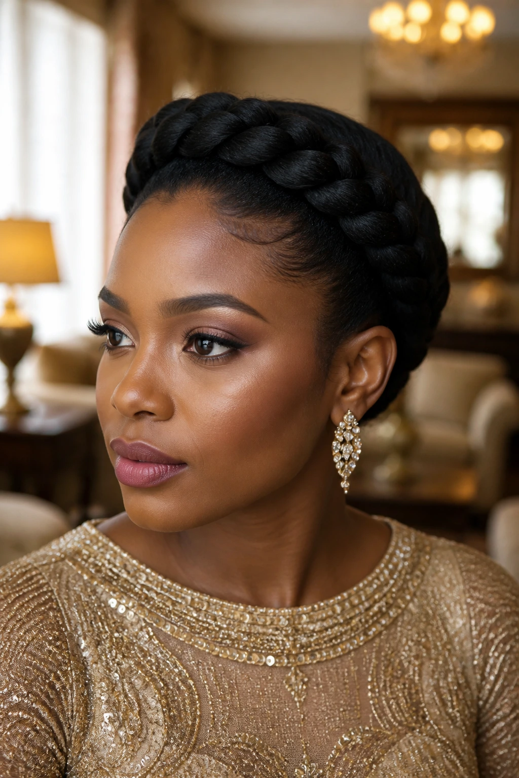 Close-up portrait of a real woman wearing halo crown braids in warm indoor light.
