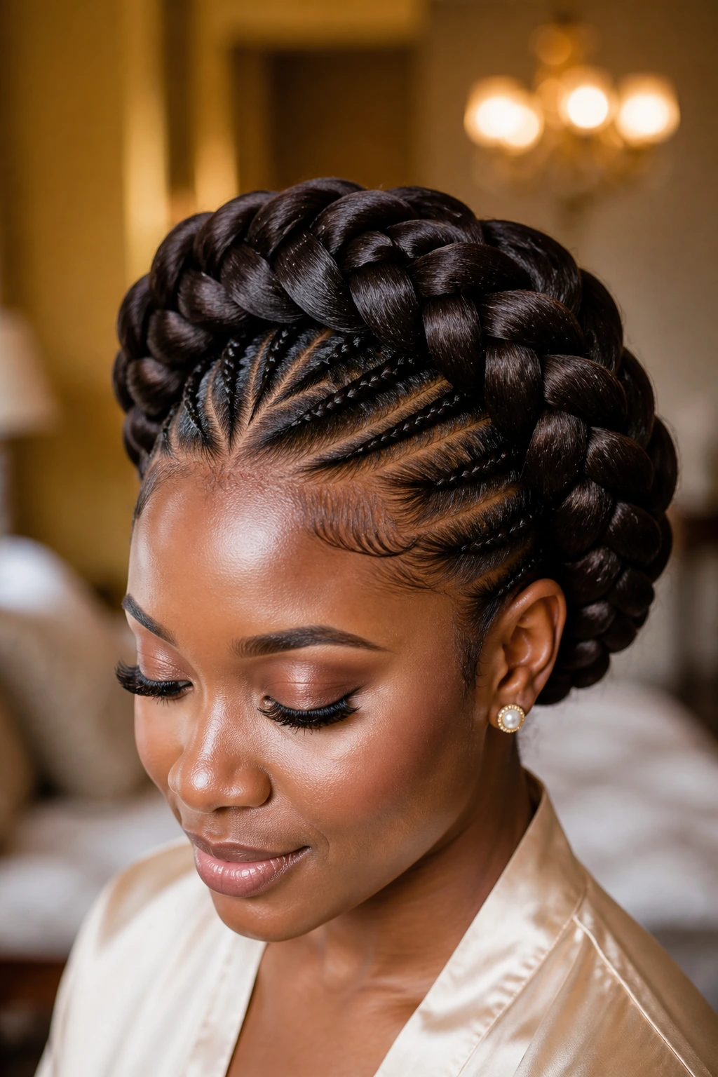 Close-up of a real woman with oversized halo crown braids