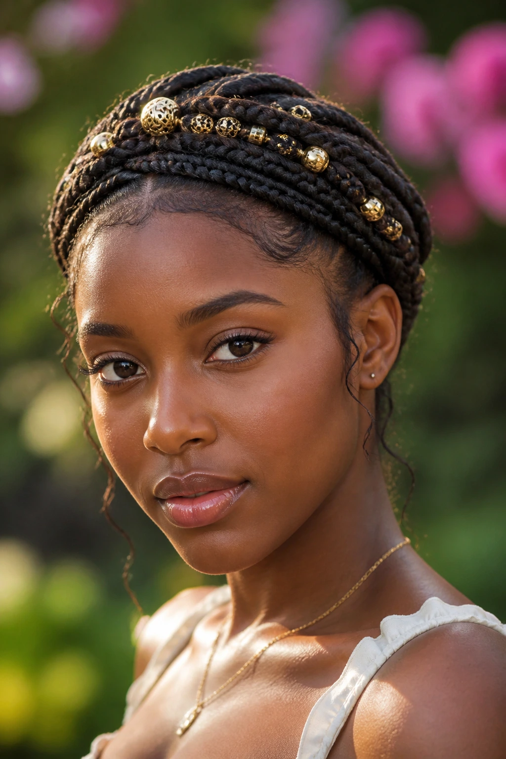 Real person wearing beaded halo crown braids