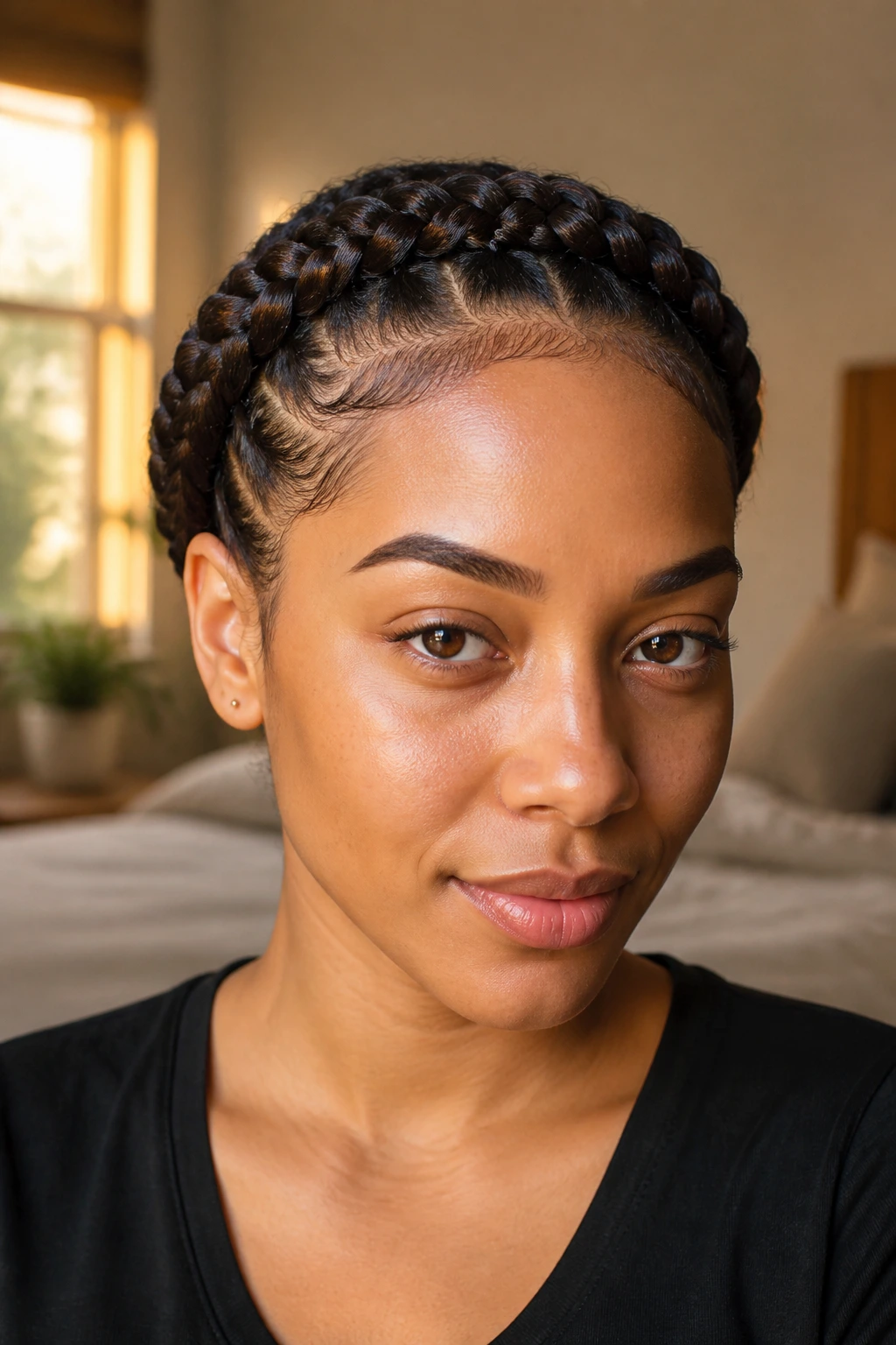 Close-up of a real person wearing a halo crown braid around the head, framing the face.