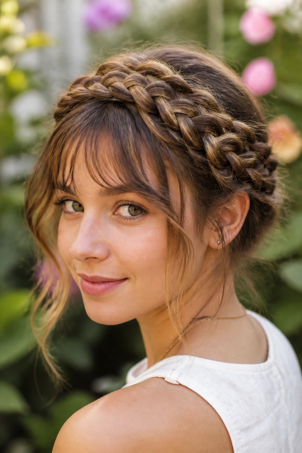 Close-up of a real woman with a halo crown braid formed by Dutch-French braids