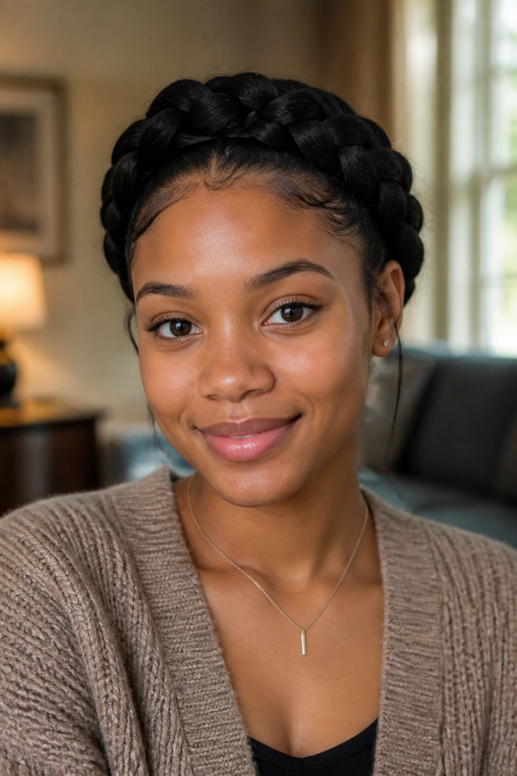 Close-up of a real person with halo braid crown in a living room.
