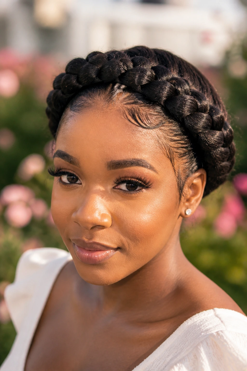 Real woman with halo crown braids outdoors.