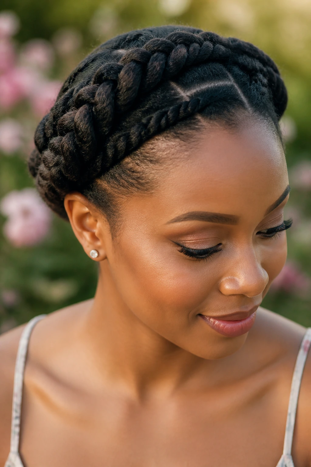 Two flat twists form a halo crown around the head of a real woman