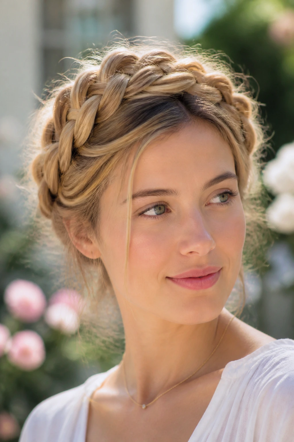 Close-up of a woman with a halo Dutch braid around the crown.