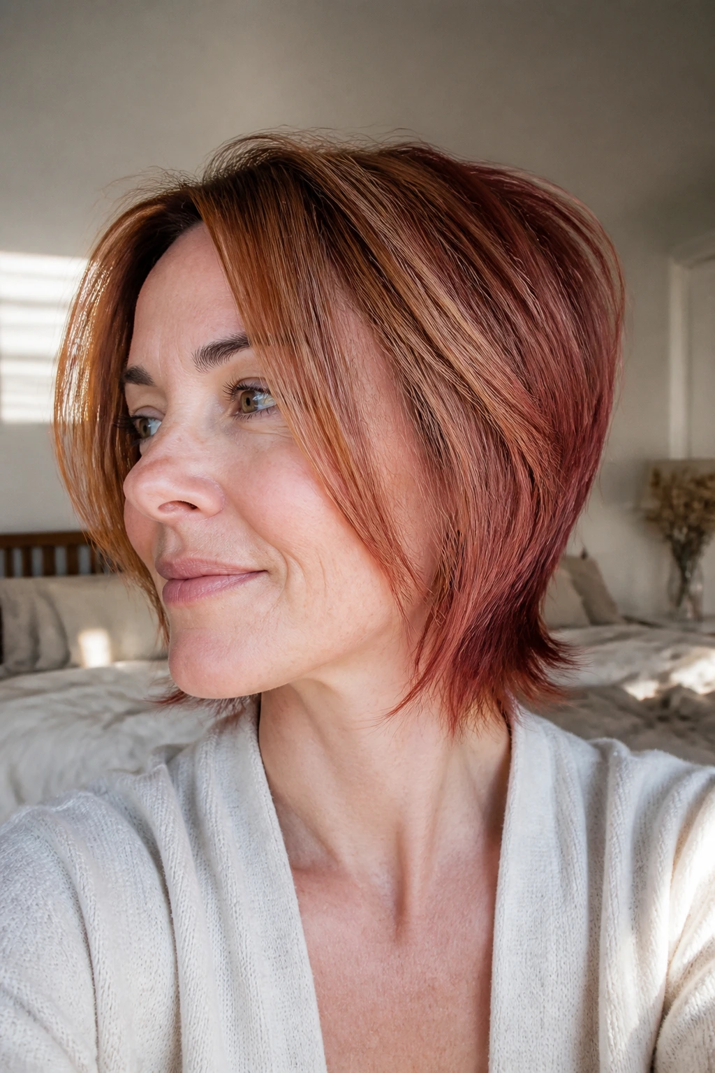 Real woman with growing-out halo showing transition as front pieces lengthen