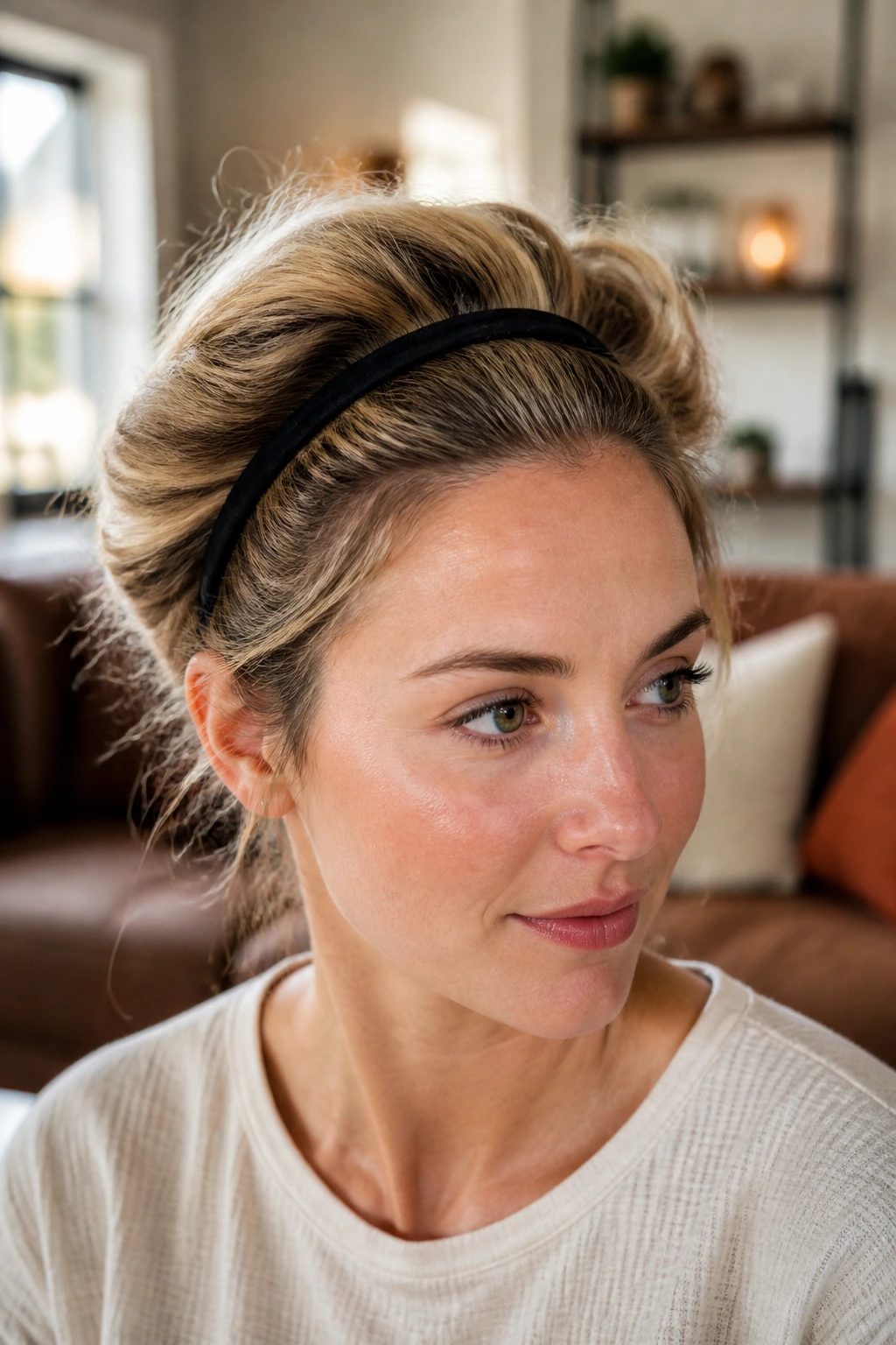 Close-up of real woman with tucked-under halo headband roll hairstyle