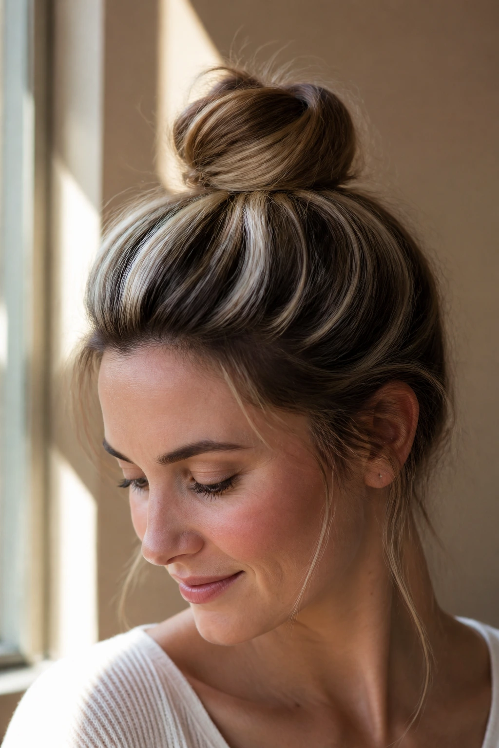 Close-up of a real woman showing a halo highlight around the crown with hair up in a top knot.
