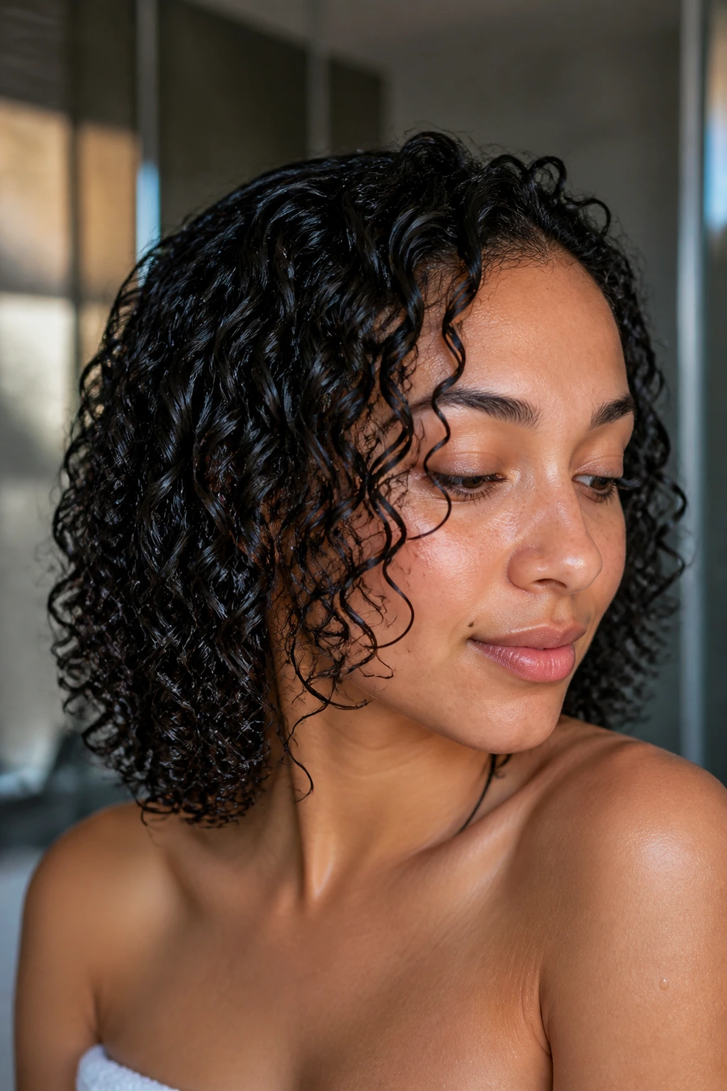 Close-up of damp gel-cast curls with hands away during drying
