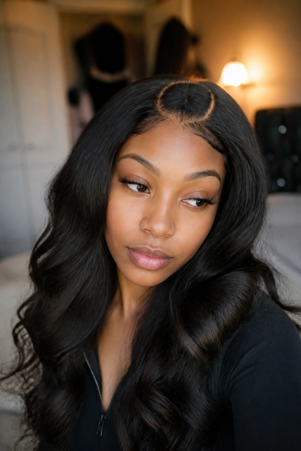 Close-up of real person wearing a hand-tied U-part wig with leave-out