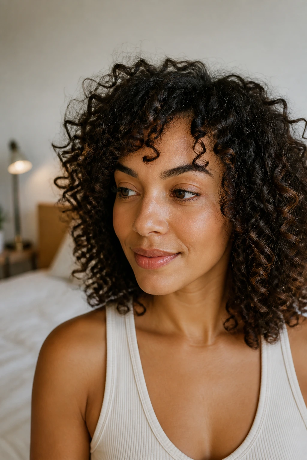 Portrait of a real woman with defined curls, hands away from hair