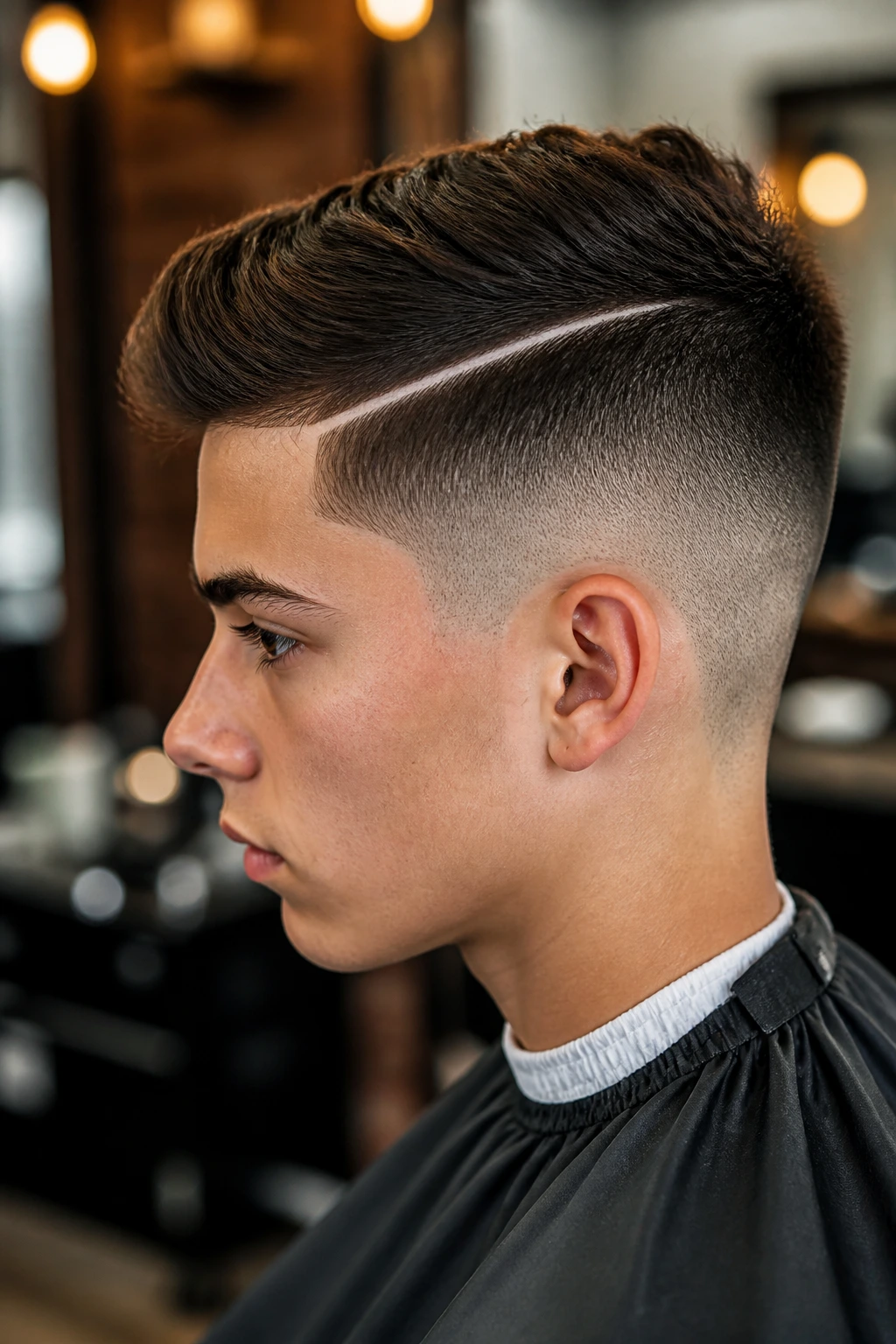 Side-profile of teen with a sharp hard part fade