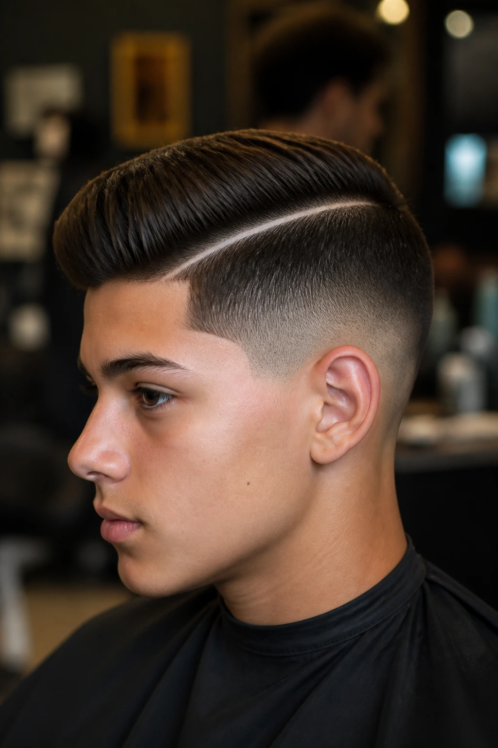 Close-up of teen with a sharp hard part haircut showing a precise part line