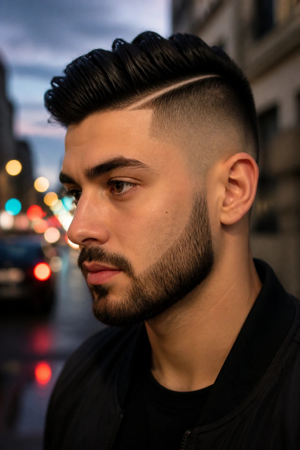 Close-up portrait of a real person with a sharp hard part undercut.