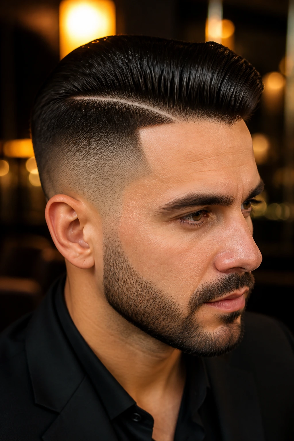 Close-up portrait of a person with a hard-part undercut and sleek top.