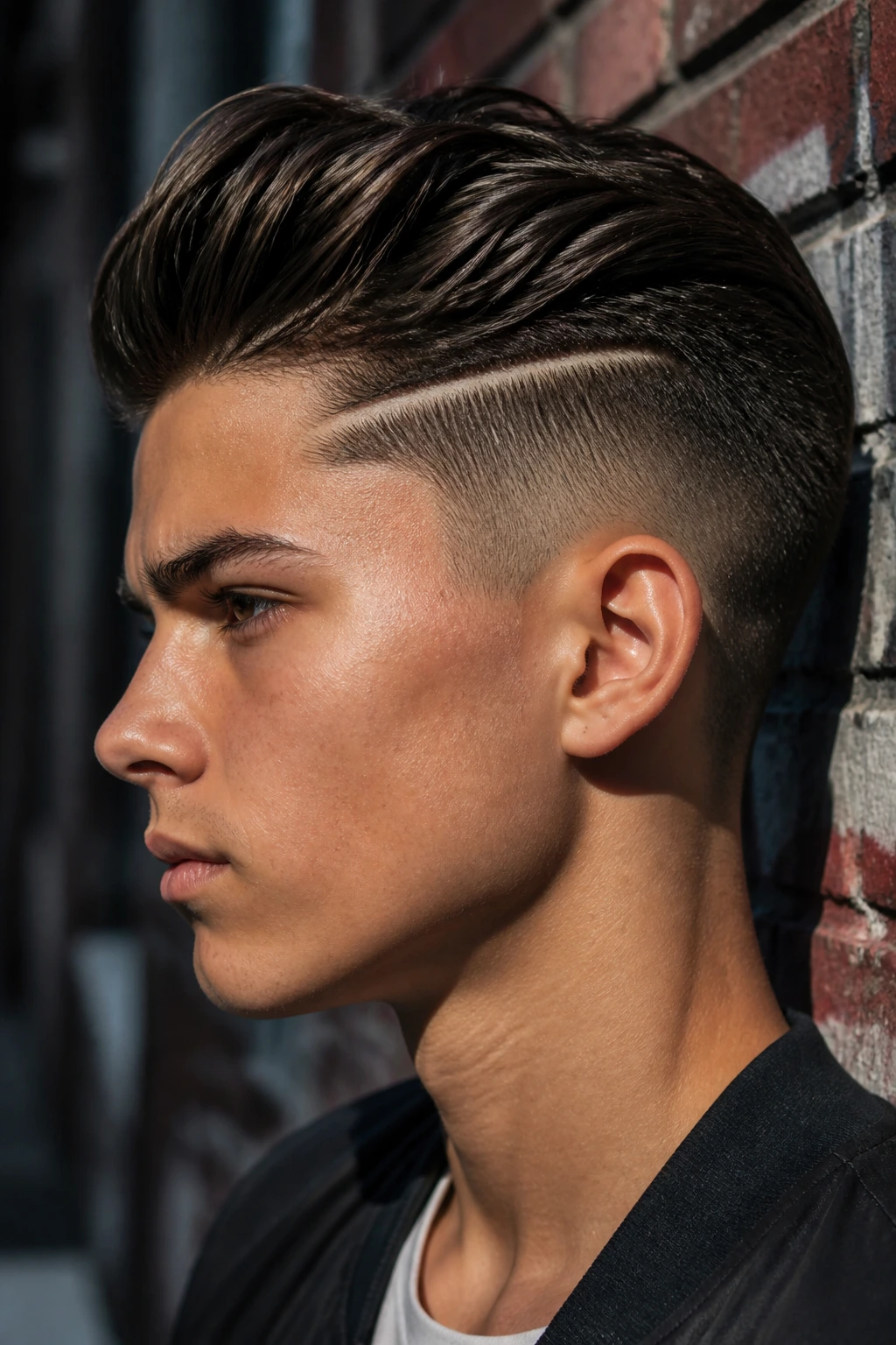 Teenage boy with hard part undercut in side profile