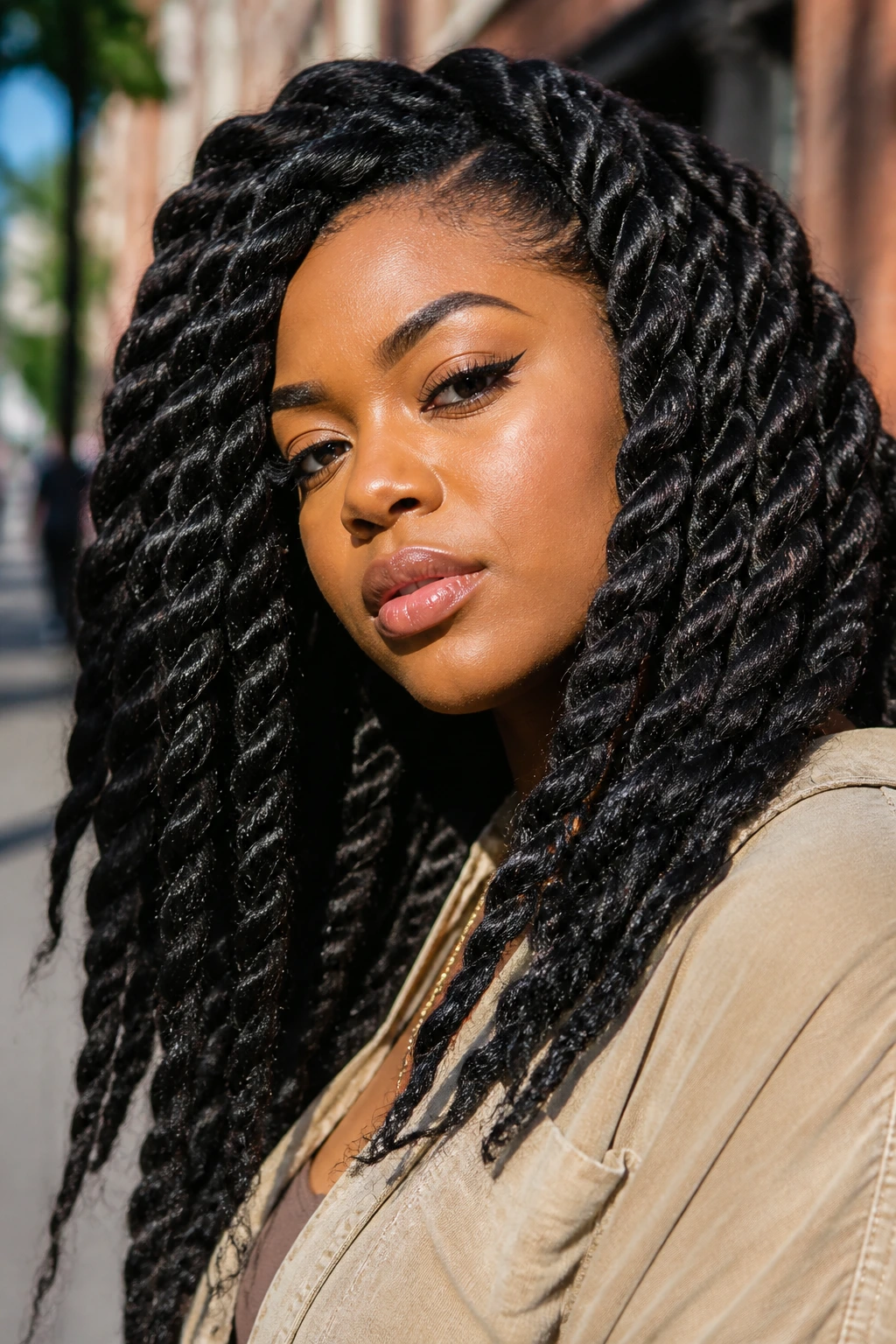Close-up of a woman with thick Havana twists in an outdoor city setting.