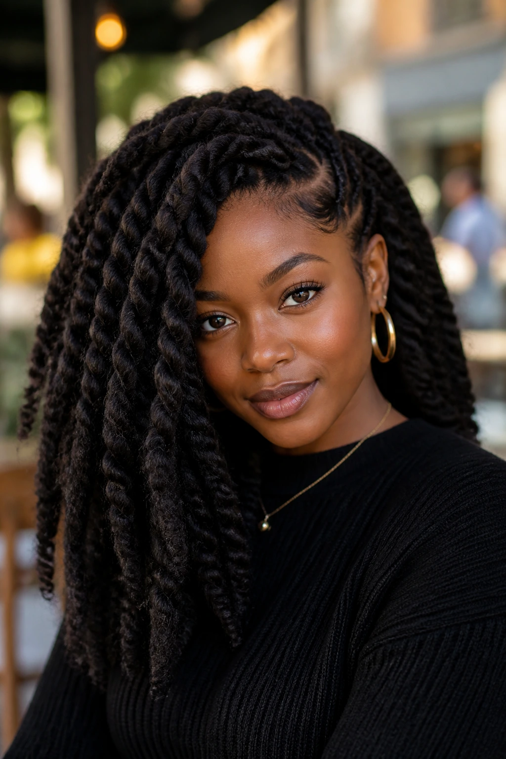 Real woman with Havana twists in an outdoor cafe setting.