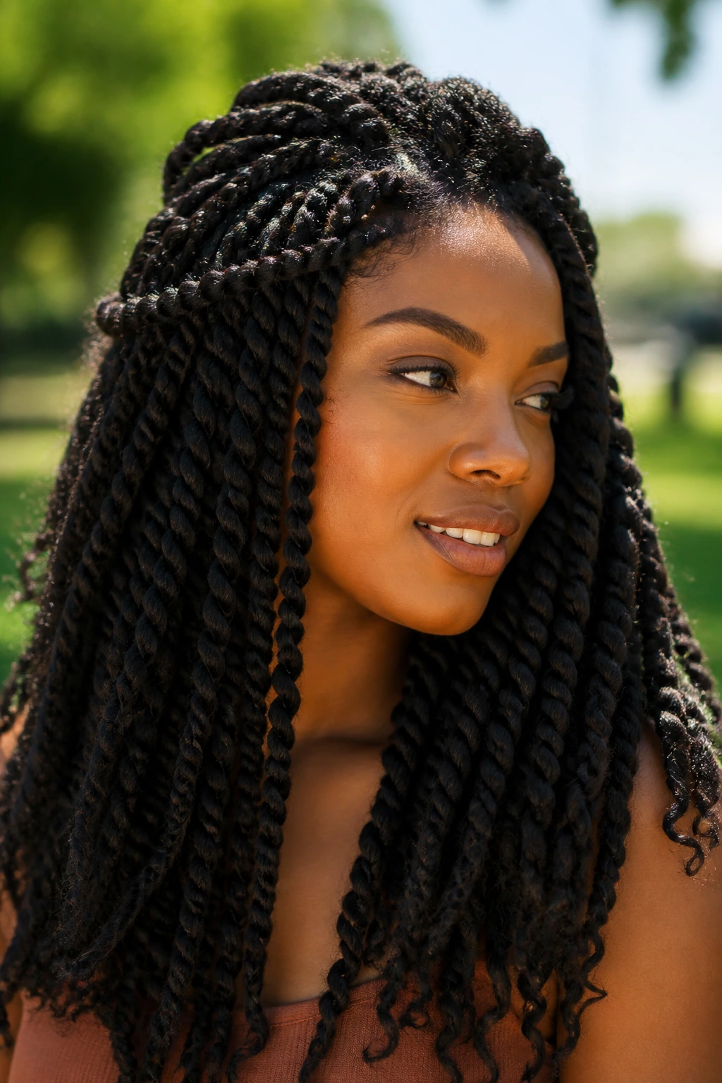 Portrait of a person with Havana twists in outdoor setting