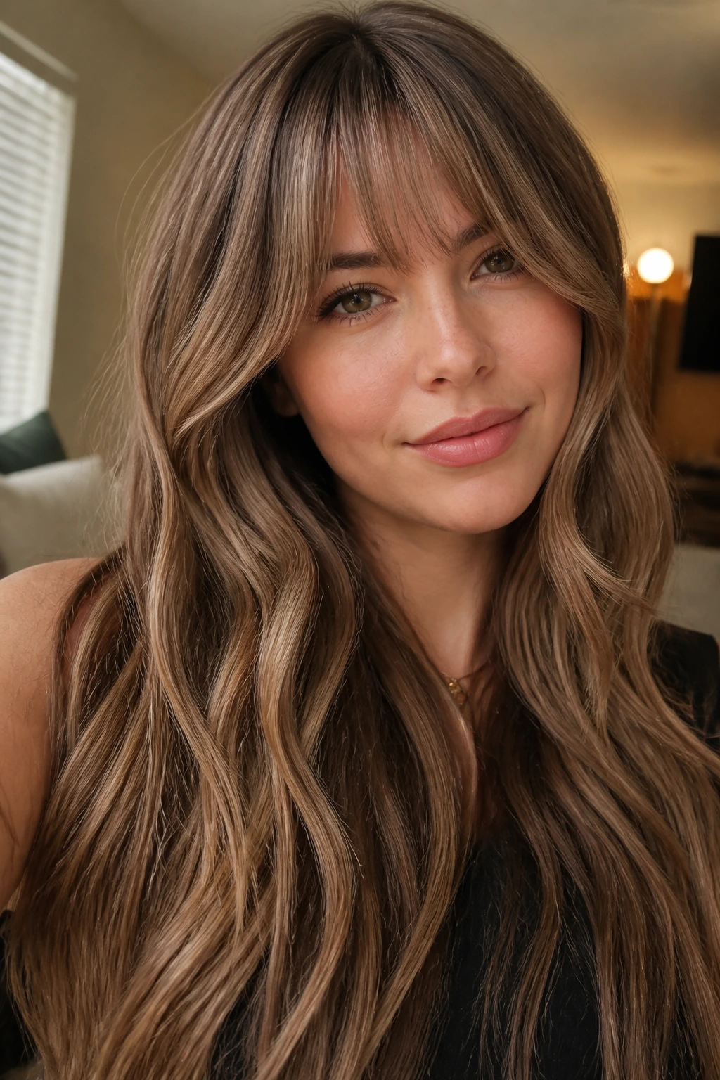 Close-up of hazelnut babylights with bottleneck bangs.