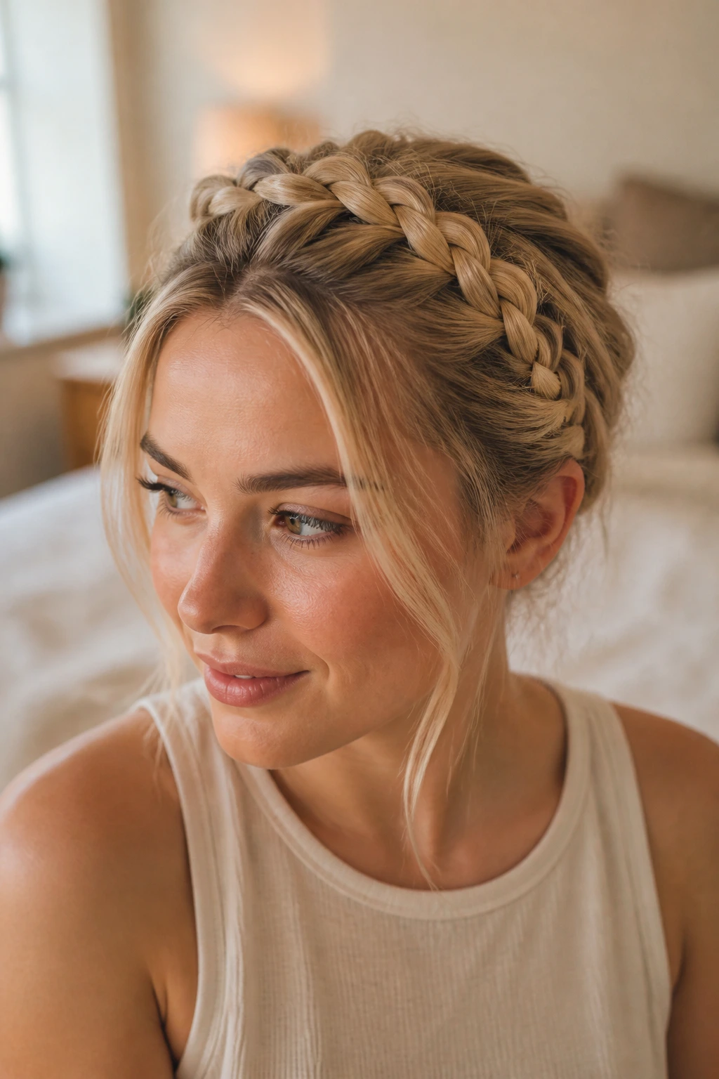 Close-up of a real woman with a headband-style banana braid across the crown in warm window light