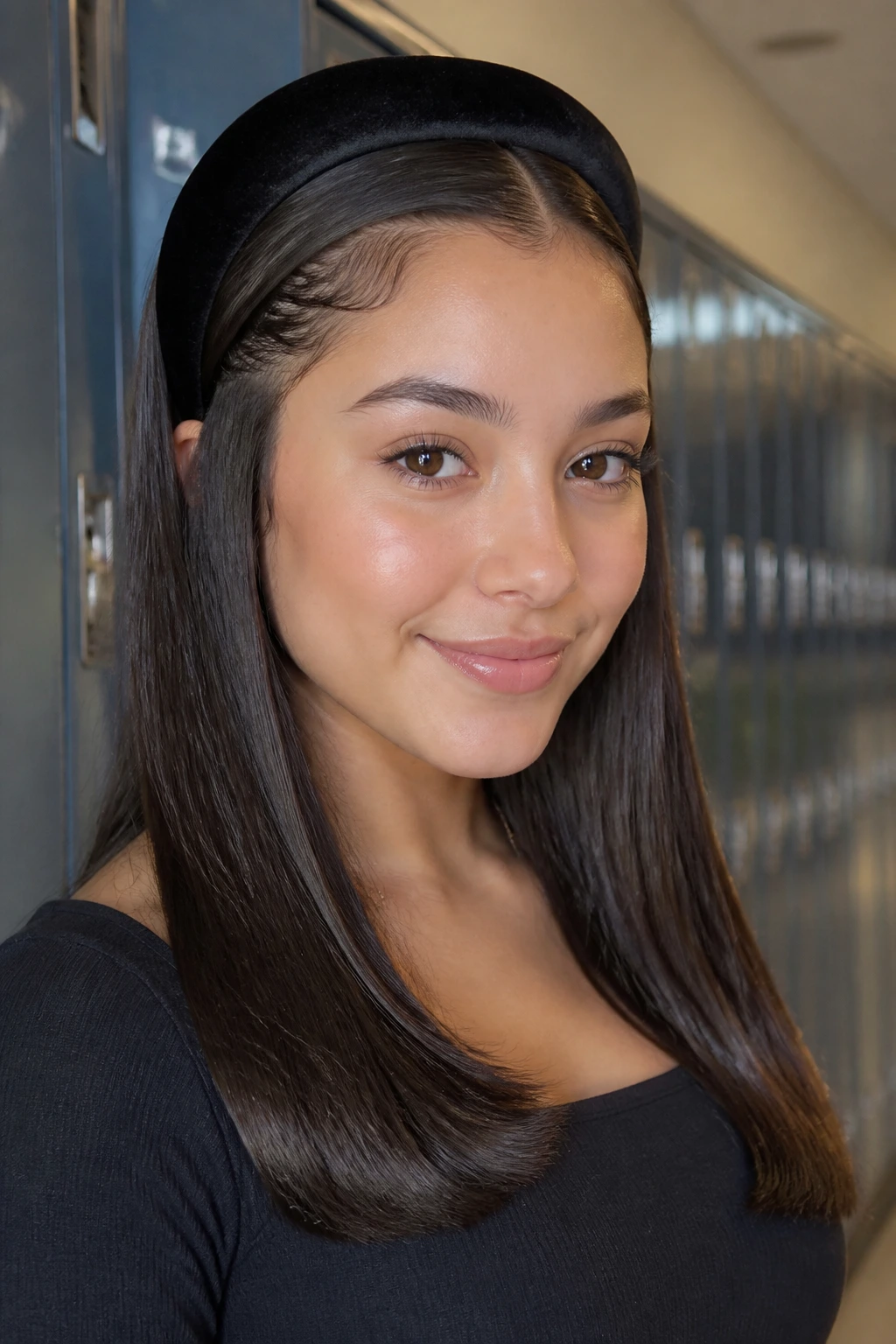 Close-up of a teen wearing a chunky velvet headband with beveled straight ends in a school hallway