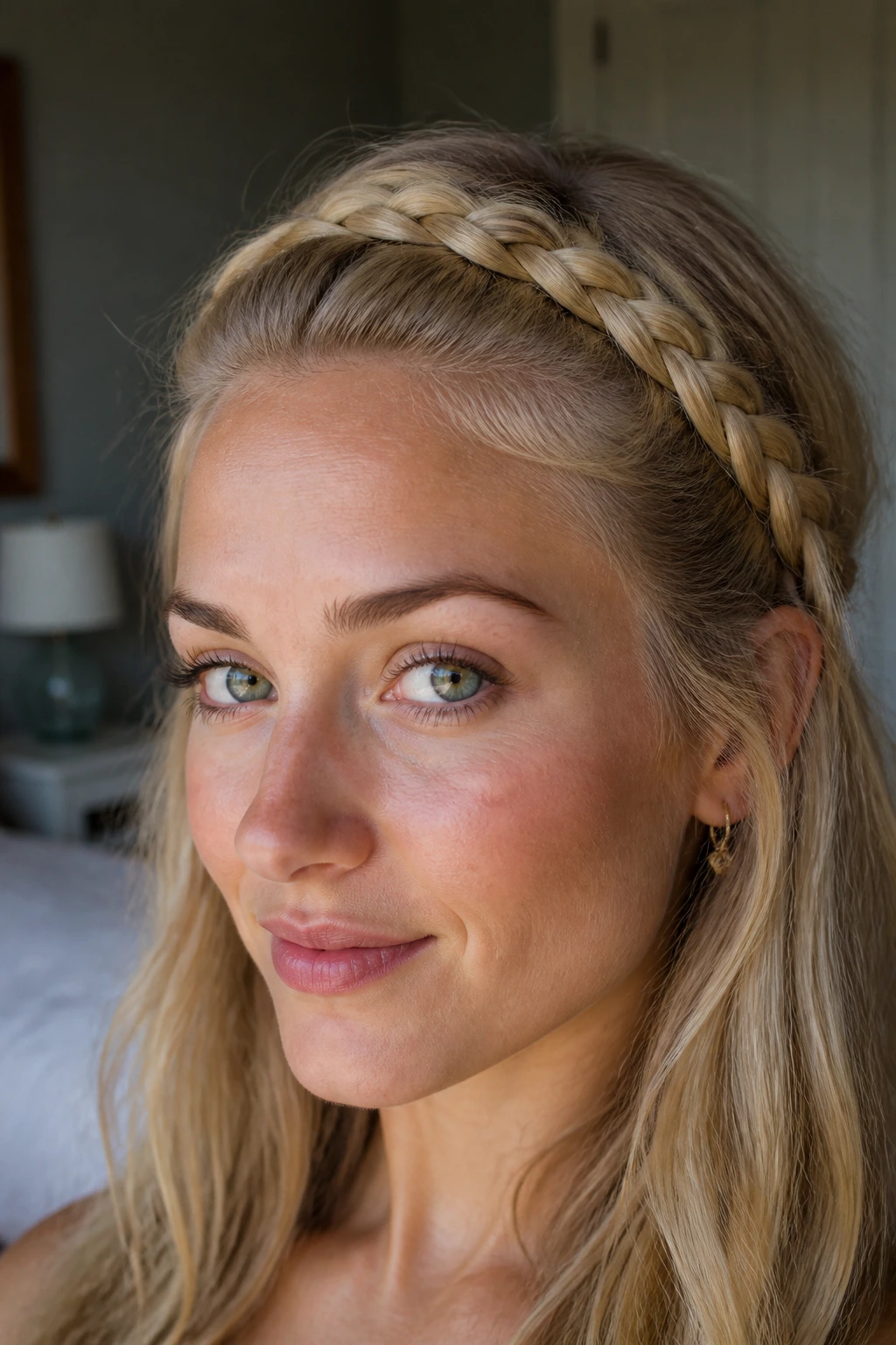 Close-up of a real blonde woman with a headband braid along the hairline