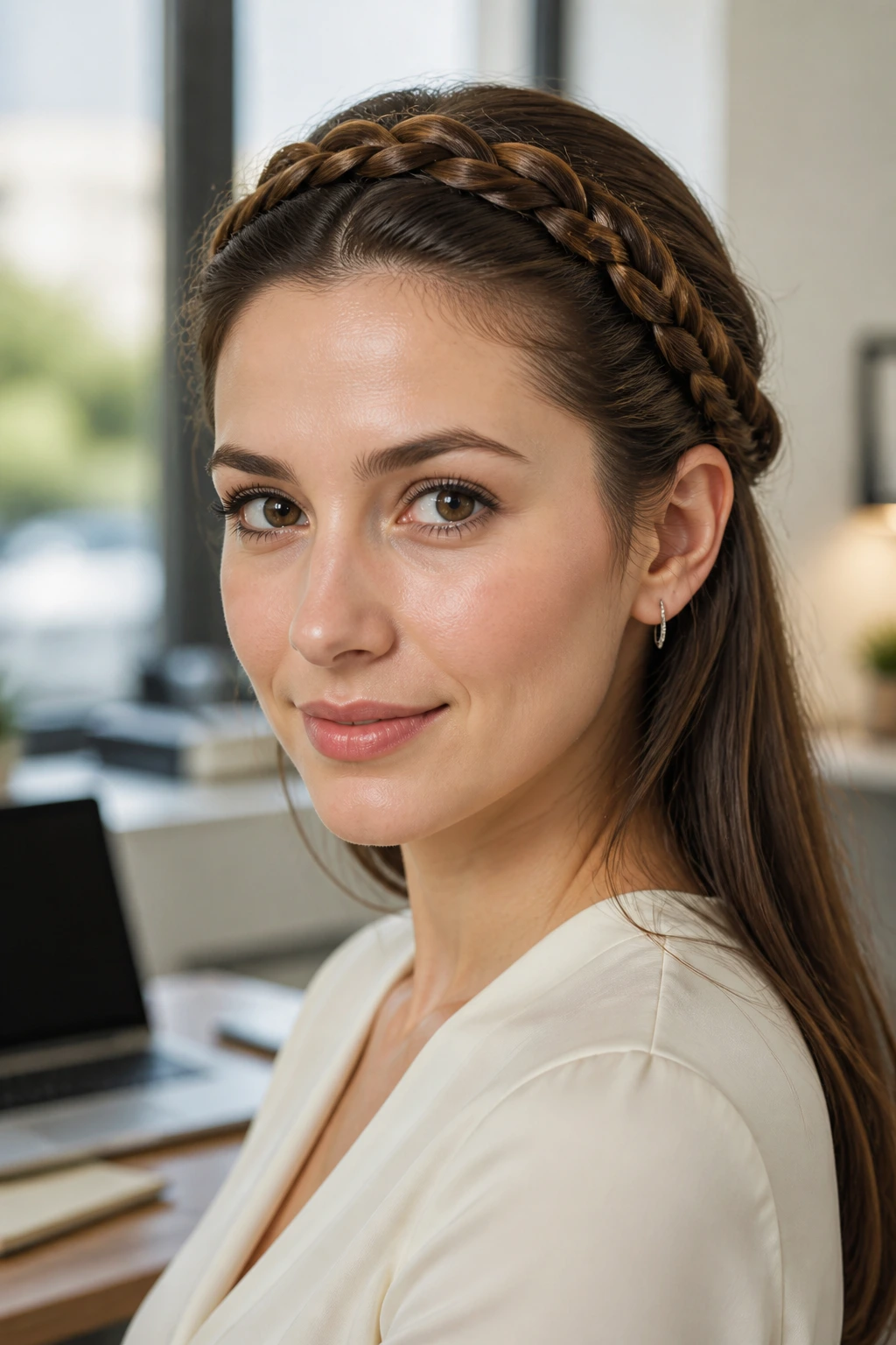 Close-up of a real woman with a crown headband braid in an office setting