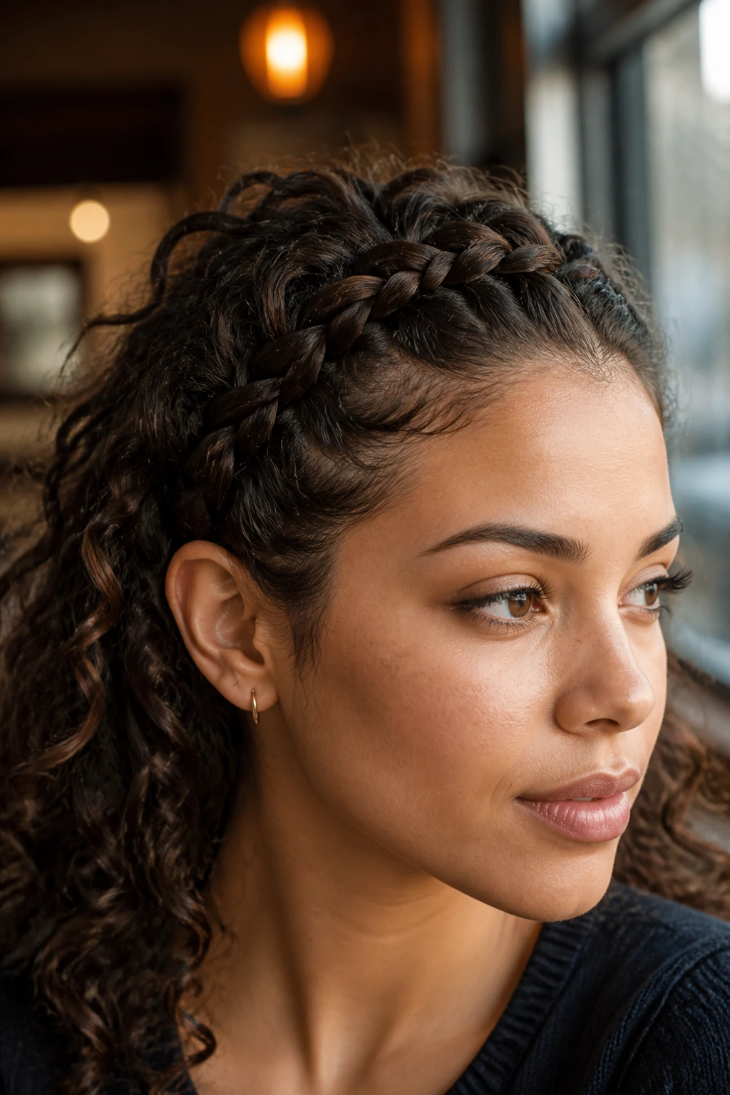 Close-up of a real woman with a headband braid along the hairline