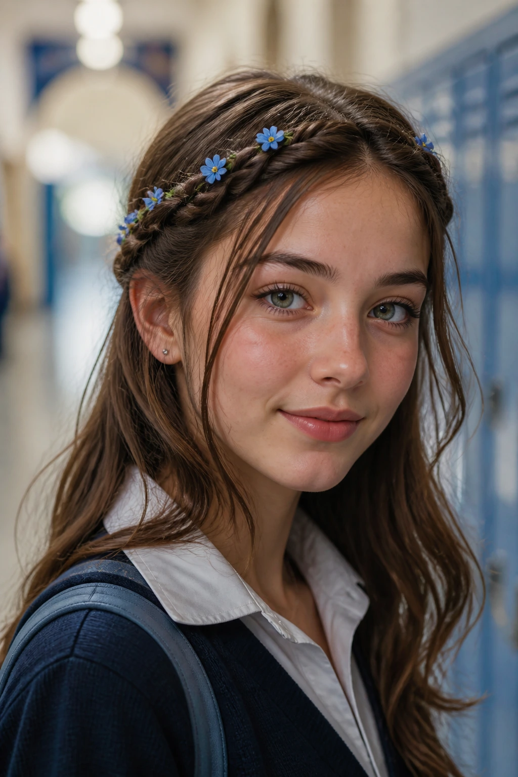 Close-up of headband braid with blue flowers framing the face in a softly lit school hallway.