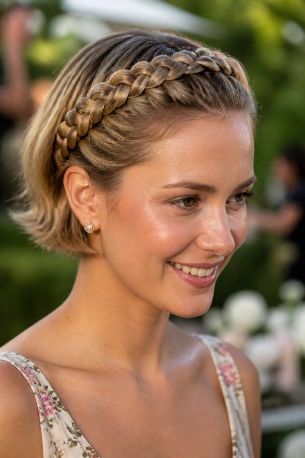 Close-up of a person wearing a headband braid across the crown