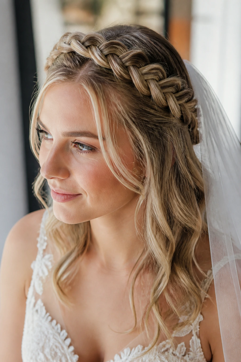 Close-up of a bride with a Grecian Goddess headband braid across the crown.