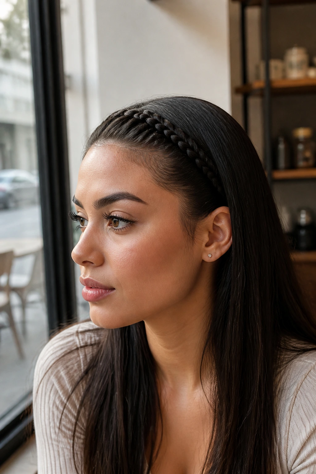 Close-up of a real woman with a slim headband-style French braid along the hairline