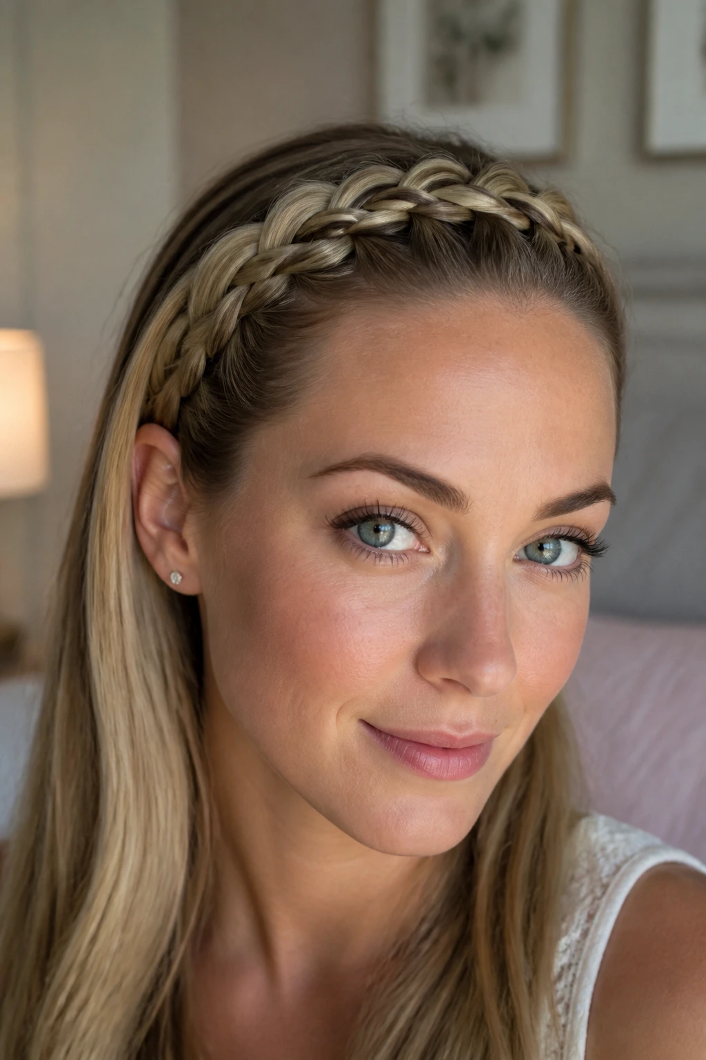 Close-up portrait of a real woman with a headband braid across the hairline